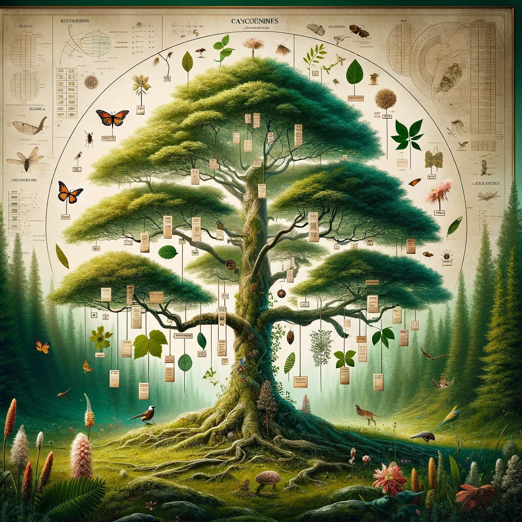 An AI generated image: A-serene-illustration-merging-the-concepts-of-ordered-taxonomy-and-natures-biology.-The-image-features-a-majestic-tree-at-the-center-its-branches-el
